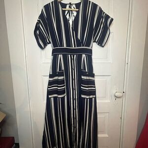 One One Six Striped Short Sleeve Open Back Midi Dress